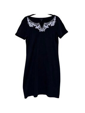 Talbots Dress Size M Black Cotton Knit White Lace Applique Round V-Neck Classic